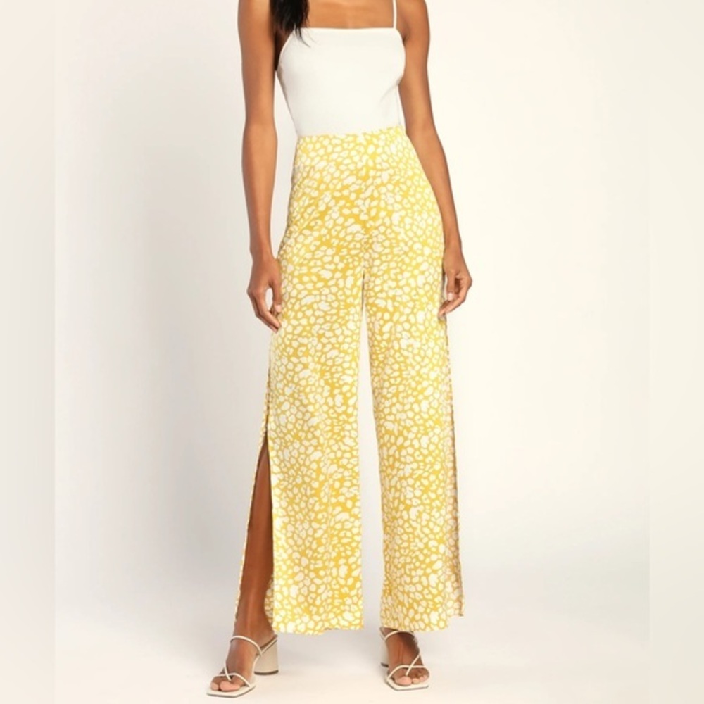 Lulus Widely Chic Yellow Animal Print Satin Wide Leg Side Slit Pants Size L